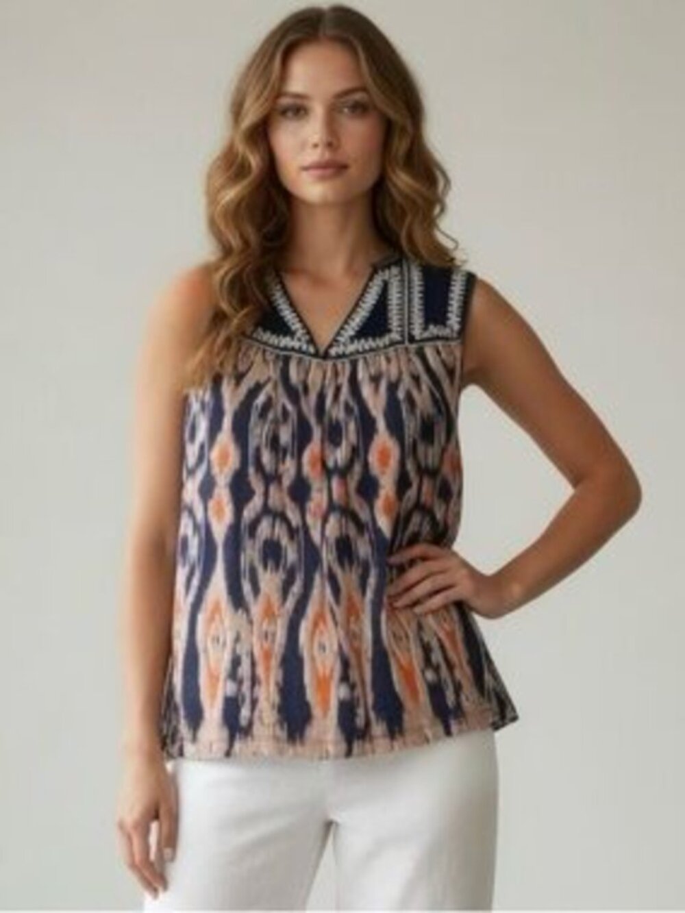 Anthropologie MEADOW RUE Geo-Stitched Ikat Print Tank Top sz M